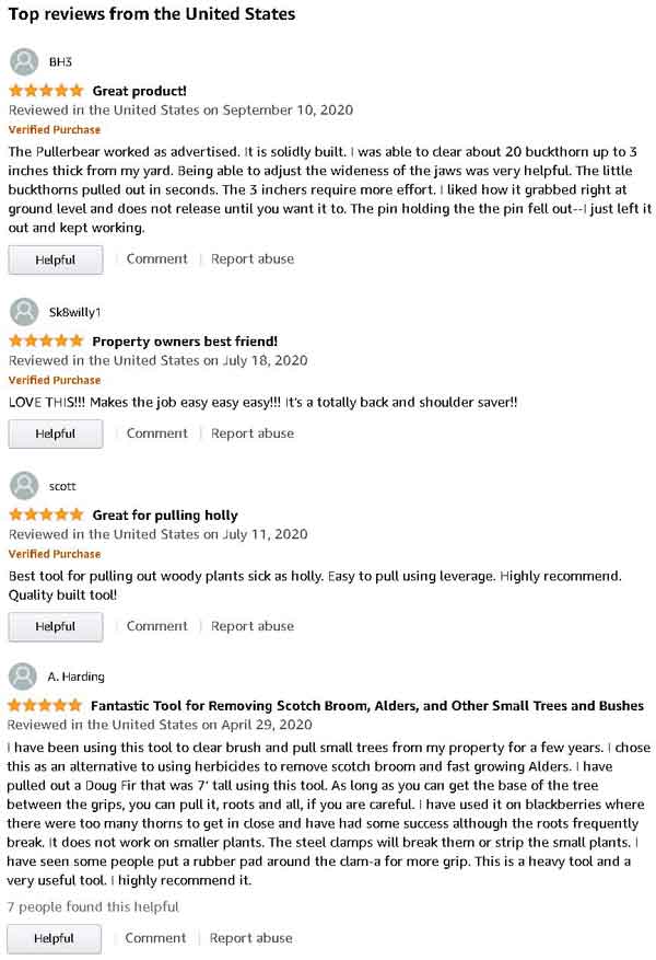 Amazon 5 Star Reviews of the Pullerbear Tree and Invasive Weed Pullers